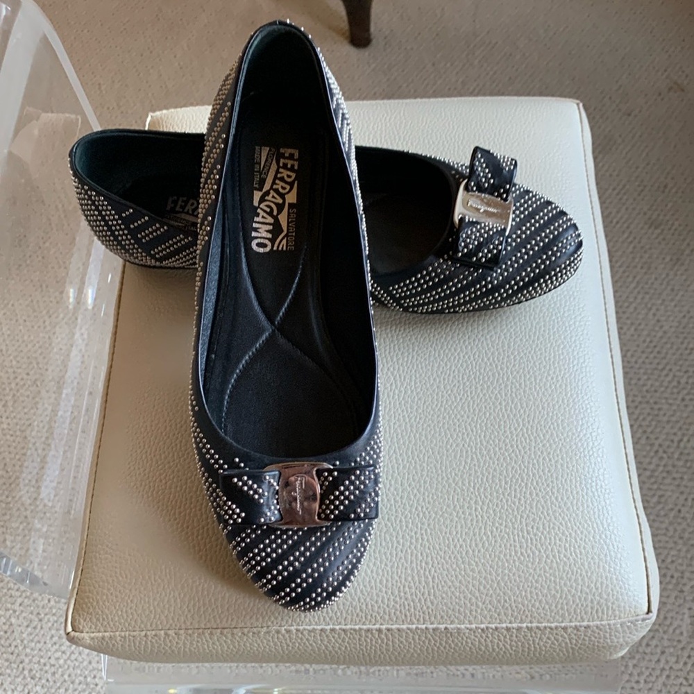 Salvatore Ferragamo | Black Varena ballet flats with silver studs size 8 1/2